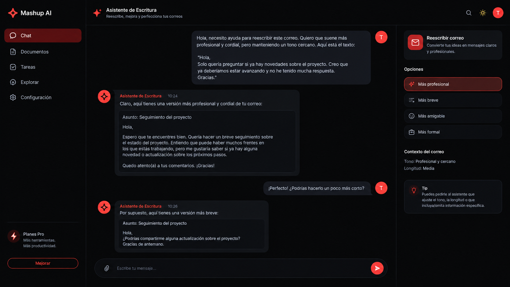 Reescribe correos y mensajes al instante